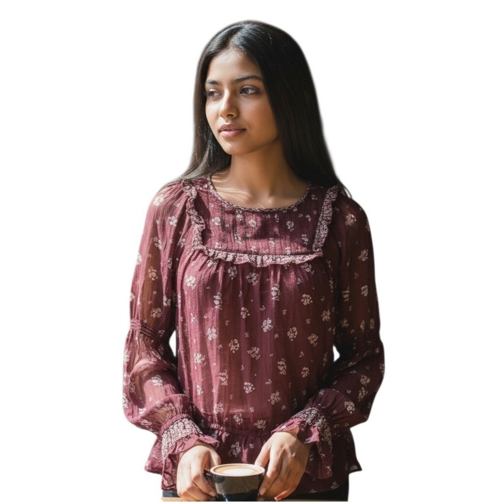 Joie Silk Blouse Large Burgundy Floral Ruffle Boho Romantic Sheer Top‎